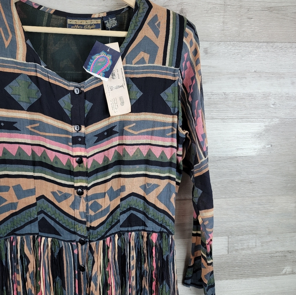 Vintage 80s Her Style Sheer Cotton Button Front Pleated Maxi Dress Size LG NWT - Picture 10 of 16